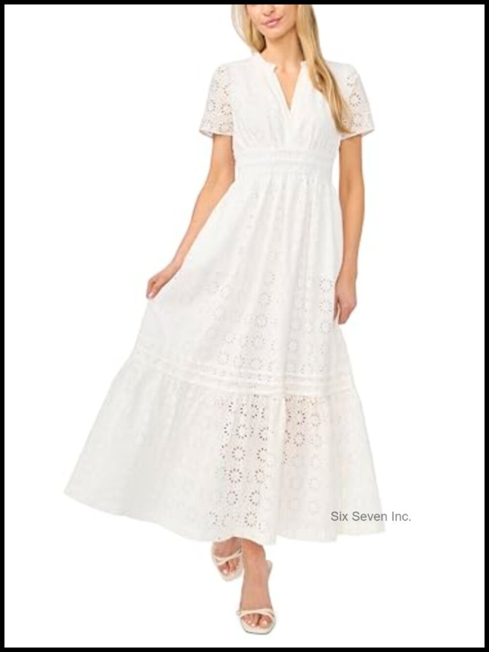 Women's Eyelet Short Sleeve Elastic Waist Maxi Dress Square Neck A-Line Casual
